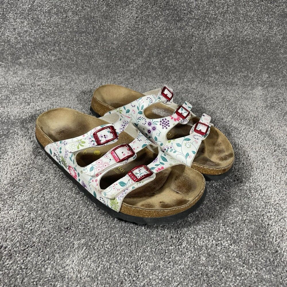 Papillio By Birkenstock White Floral Leather Strap Sandals Womens Size 38 Us 7